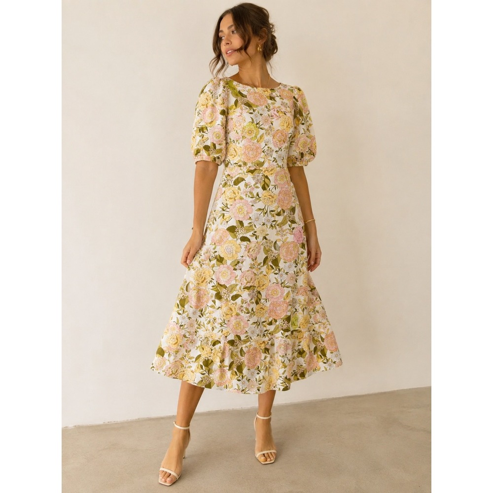 Floral Linen Blend Midi Dress XS Cottagecore Retro 70s Romantic Garden Party